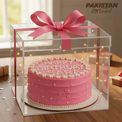 Special Pink Cake in a Box with Decorative Lights