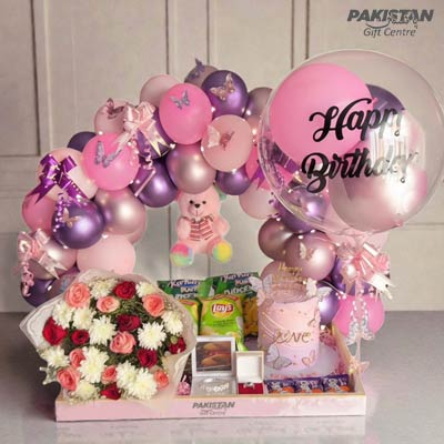 Luxury Birthday Balloon Basket with Imported Flowers, Cake & Teddy