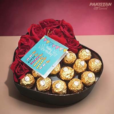 Heart Box Red Roses and Ferrero Rocher Chocolate Surprise Birthday Gift