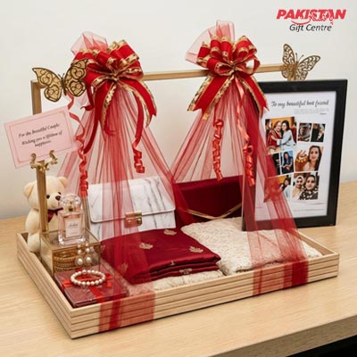 Wedding Gift Hamper for Bride in Pakistan – Premium Bridal Basket with Dresses, Jewelry & Perfume