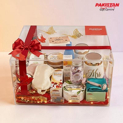 Bridal Skincare Hamper in Acrylic Box, Send Wedding Gifts to Pakistan