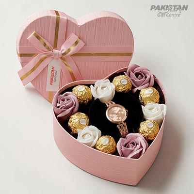 Heart Box Gift with Watch and Chocolates for Anniversary