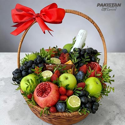 Round Fruit Basket with Ribbon, Flowers and Pure Heaven Juice