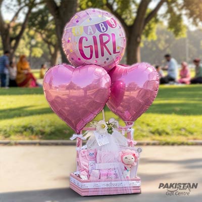 Welcome Baby Girl Heart Balloon Gift Basket