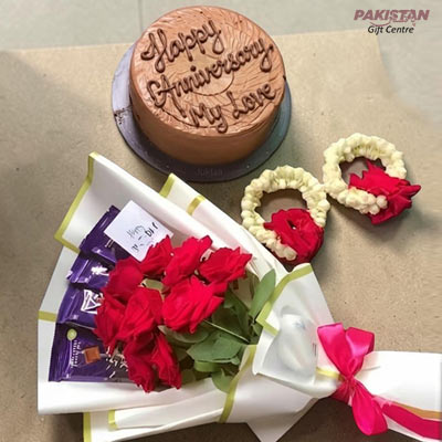 Red Roses, Gajra & Anniversary Chocolate Cake Gift Set for Wife