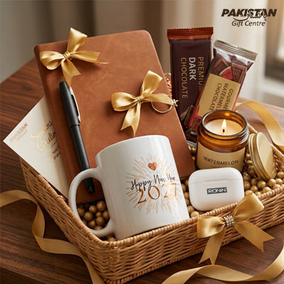New Year Gift Basket – Little Luxuries Hamper with Customized Mug, Earbuds & Chocolates