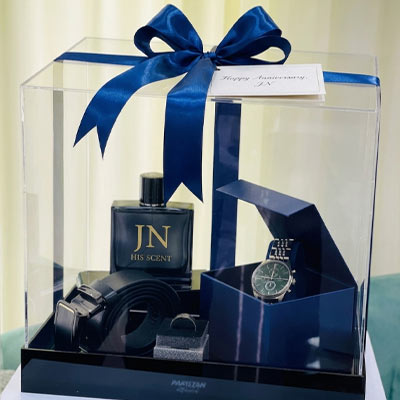 Premium Anniversary Gift Box for Husband – Watch, Perfume & Belt Set