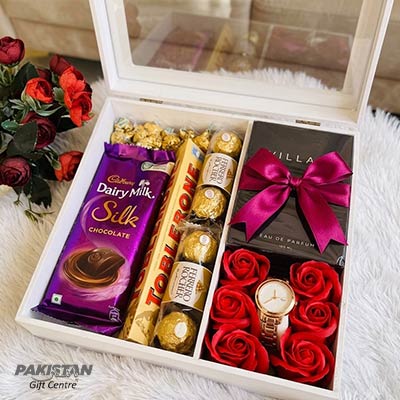 Luxury Anniversary Gift Box for Wife – Chocolates, Watch & Perfume