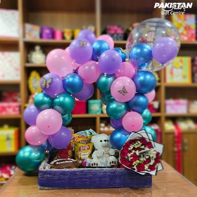 Beautiful Congratulations Balloon Basket for Her with Flowers, Chocolate Cake & Teddy