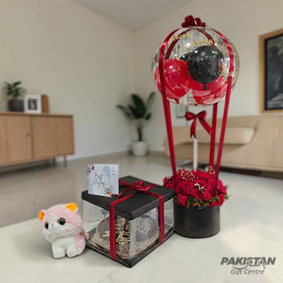 Valentine's Day Balloon Bouquet Gift Set with Roses, Cake & Teddy