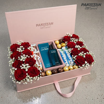 Luxury Red Roses & Chocolate Gift Box with Cool Water Perfume