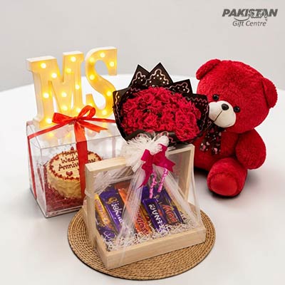 Special Anniversary Gift Combo for Wife – Teddy, Cake, Rose Bouquet & Chocolates